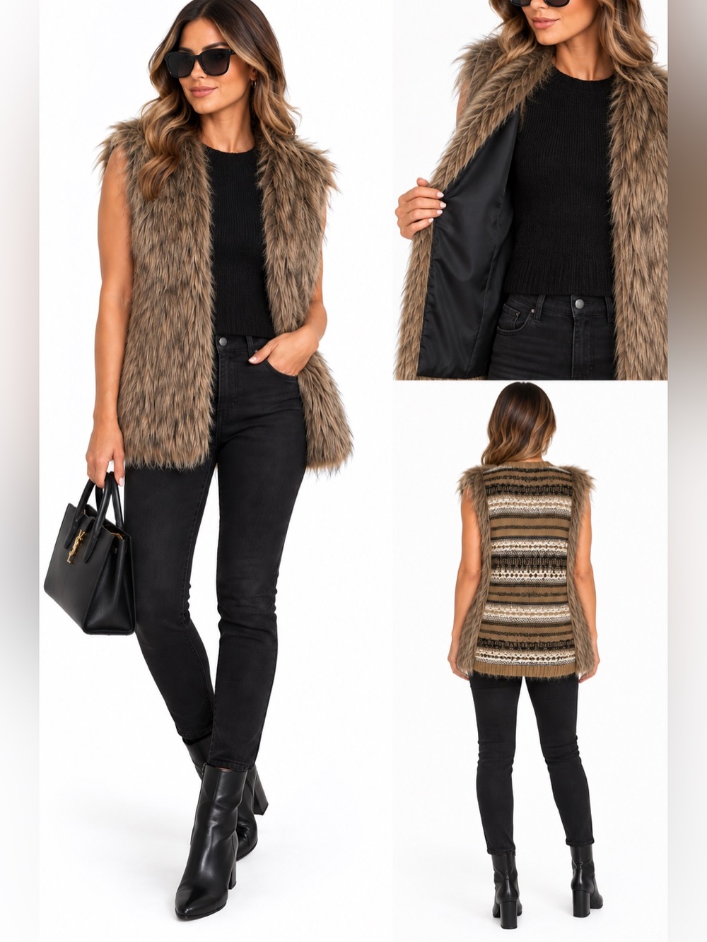 Xhilaration Faux Fur Longline Vest Knit Back Brown XS